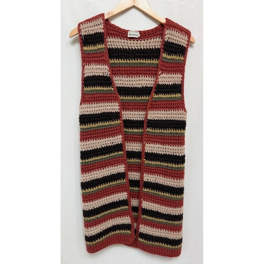 Vintage Nordstrom Best Made Italy Longline Crochet Vest Striped Earth Tones S/M